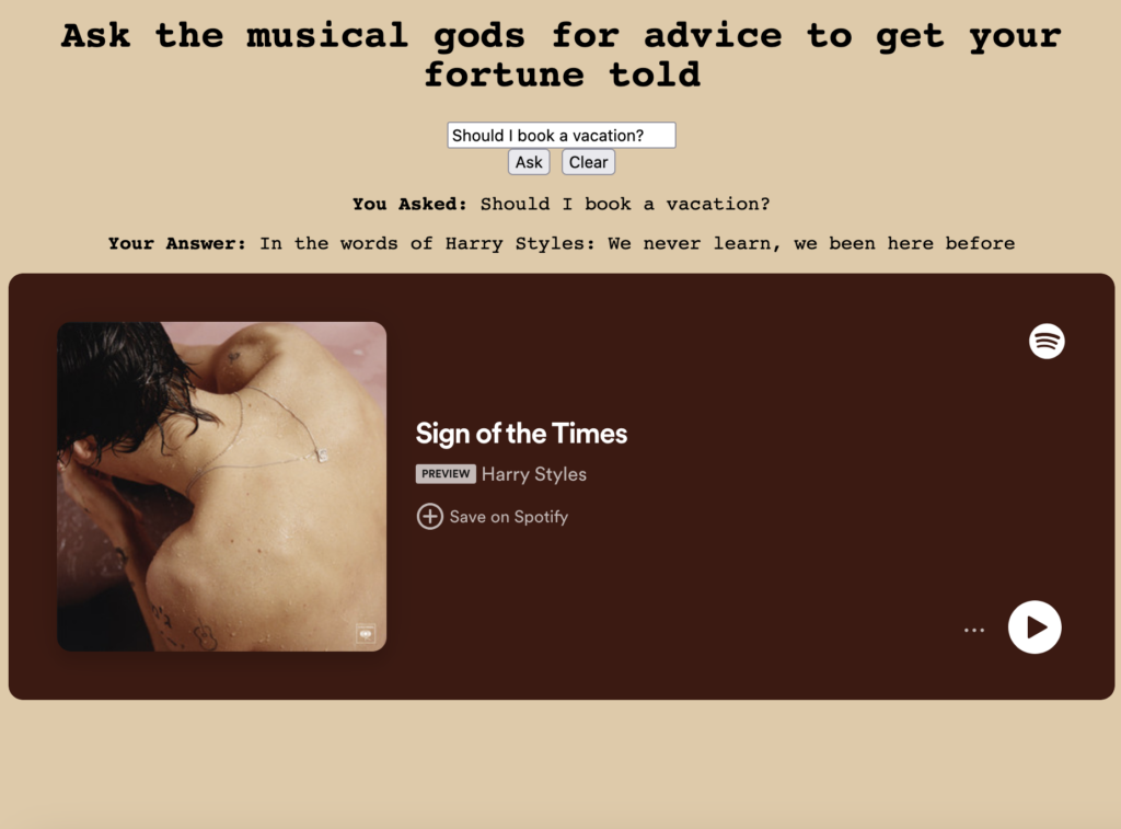 Screenshot of fortune teller HTML webpage. The text "Ask the musical gods for advice to get your fortune told and a Harry Styles lyric quoted